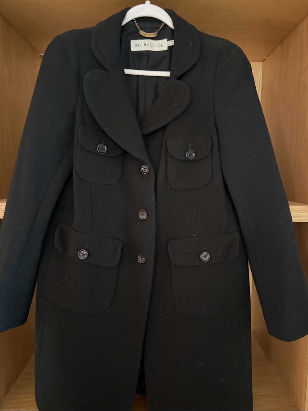 See By Chloe Black Wool Heart-Collar Pea Coat